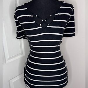 Derek Heart Black and White Striped Short Sleeve Maternity Top